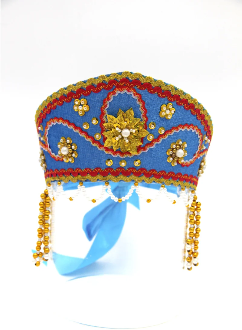 D'Daniela D' Daniela - Women's Traditional Headdress Kokoshnik - Blue and Red braid with Gold beads