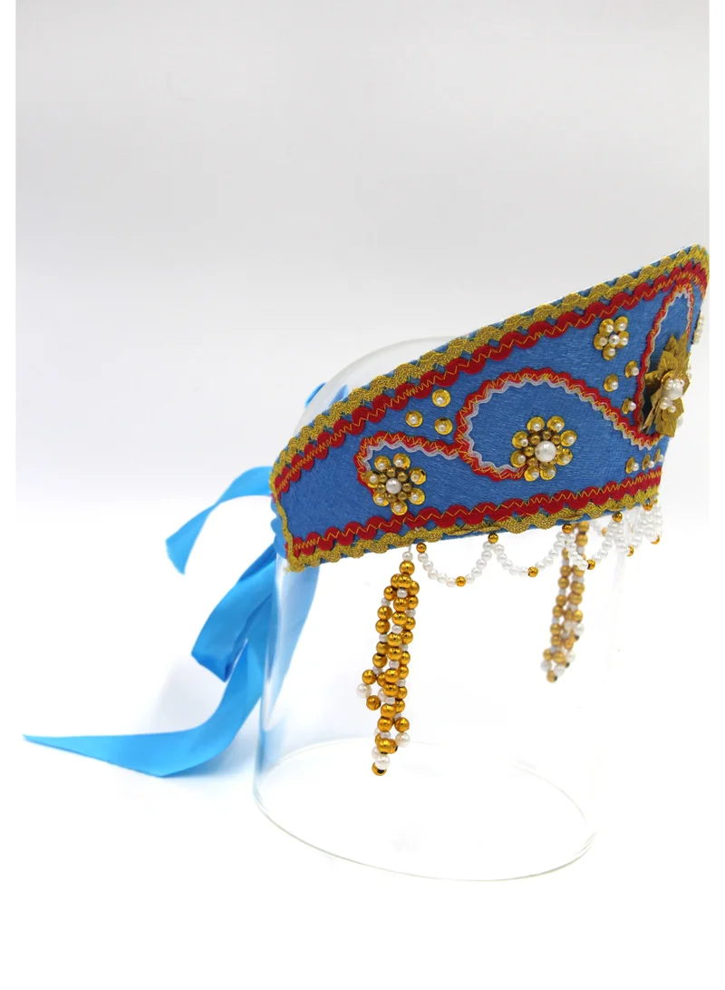 D'Daniela D' Daniela - Women's Traditional Headdress Kokoshnik - Blue and Red braid with Gold beads