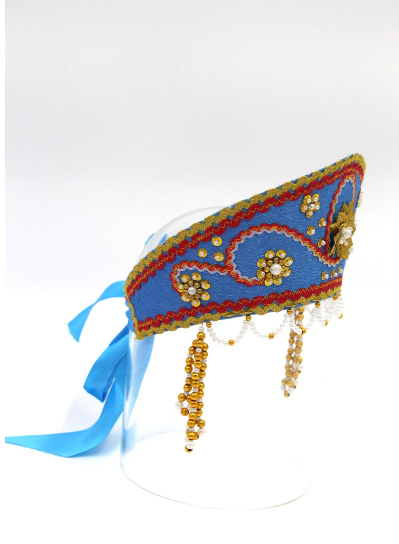 D'Daniela دي دانييلا - غطاء رأس تقليدي نسائي كوكوشنيك - ضفيرة زرقاء وحمراء مع خرز ذهبي - Image 3