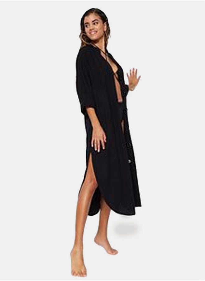 Black Midi Woven Slit Beach Dress TBESS21EL3318