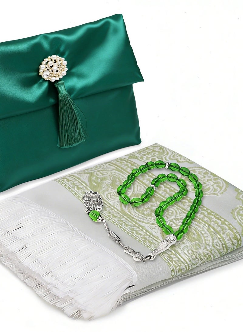 مجموعة سجادة صلاة رمضان 3 في 1 - سجادة صلاة فاخرة لرمضان + تسبيحة + حقيبة تخزين مدمجة، ضرورية للمنزل في شهر رمضان المبارك، سهلة الحمل وبأسعار معقولة - Image 1