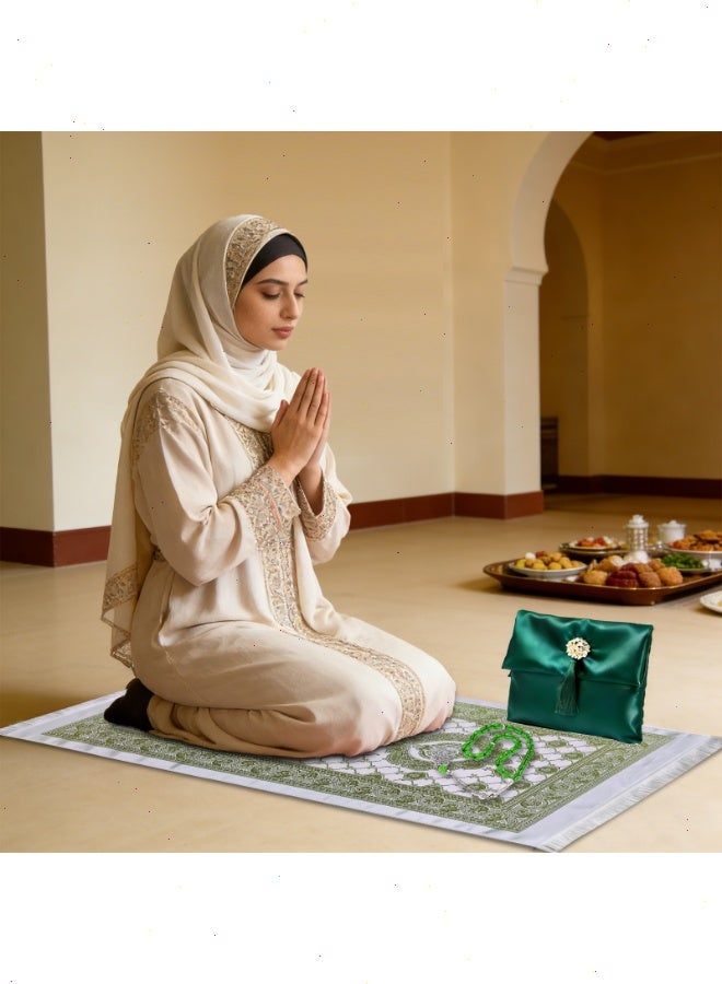 مجموعة سجادة صلاة رمضان 3 في 1 - سجادة صلاة فاخرة لرمضان + تسبيحة + حقيبة تخزين مدمجة، ضرورية للمنزل في شهر رمضان المبارك، سهلة الحمل وبأسعار معقولة - Image 3