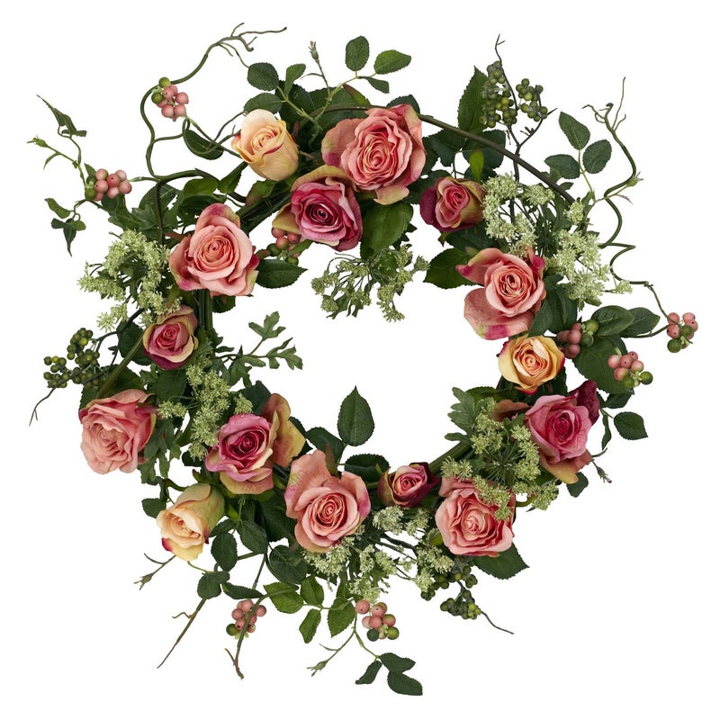 Nearly Natural 4802 Rose Wreath, 20-Inch, Peach,15" x 6" x 15" - Image 1