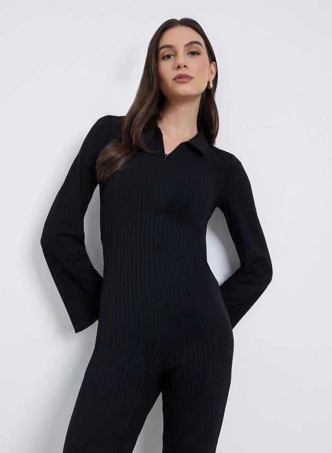 Take Two Black Ribbed Flared Jumpsuit - Image 2
