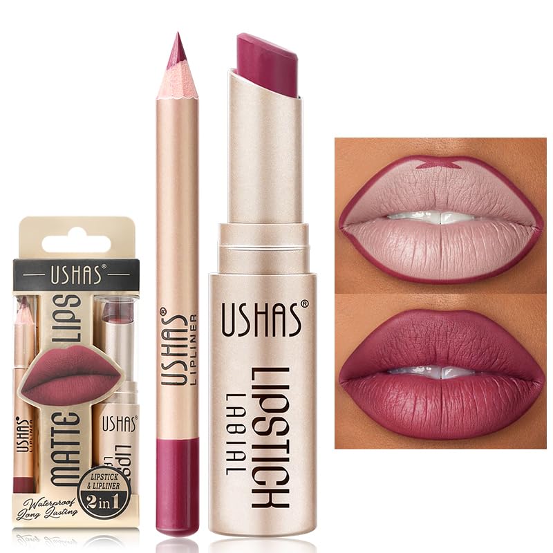 USHAS 2 in 1 Waterproof Lipstick and Lip Liner Combo Set - Long Lasting Matte Lipstick Pen with Lip Liner Set Makeup Kit (G2, Pack of 1) - Image 1