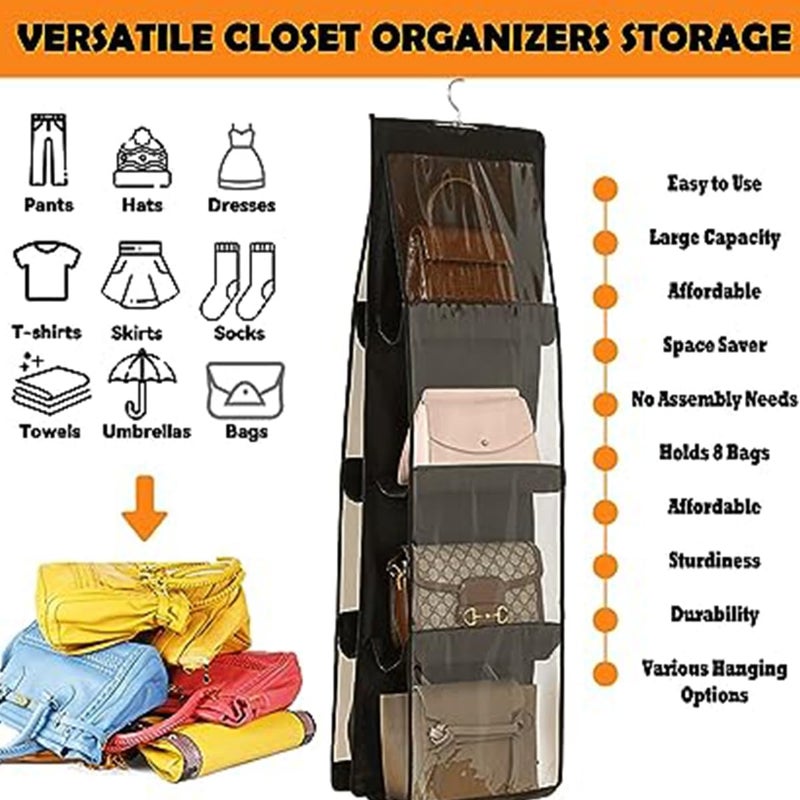 Handbag Hanging Organizer with 8 Pockets - Foldable Oxford Cloth Storage Solution (Black) - Image 3