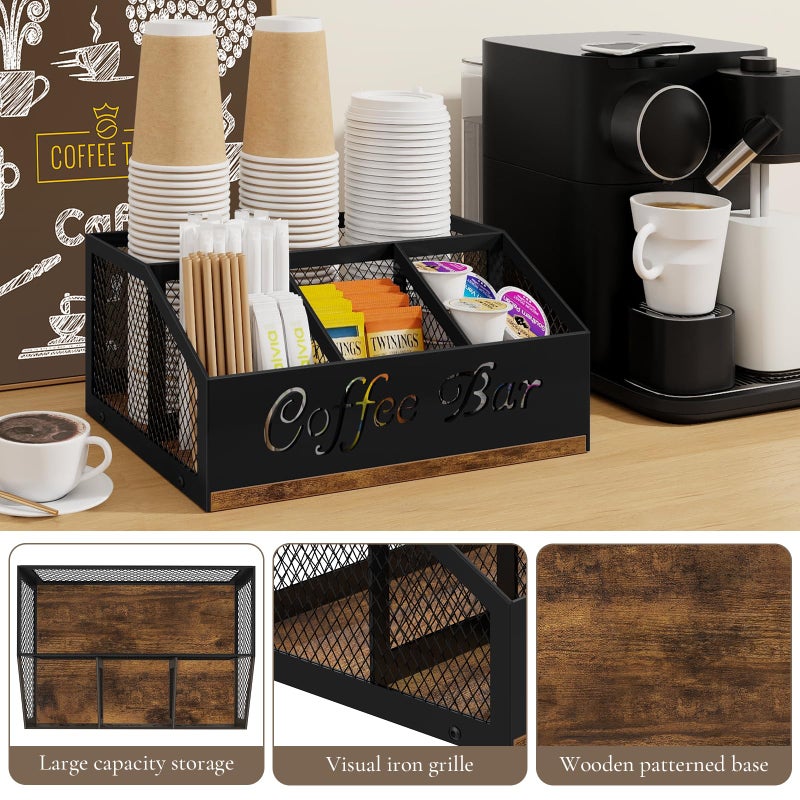 BCOZLUX Coffee Station Organizer, Rustic Brown Wooden Countertop Coffee Bar Accessories Organizer with Metal Mesh Compartments for Pods, Syrup, Cups, Stirrer, Tea - Image 3