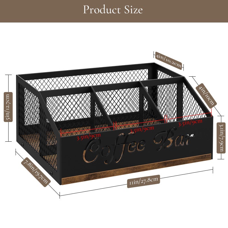 BCOZLUX Coffee Station Organizer, Rustic Brown Wooden Countertop Coffee Bar Accessories Organizer with Metal Mesh Compartments for Pods, Syrup, Cups, Stirrer, Tea - Image 2