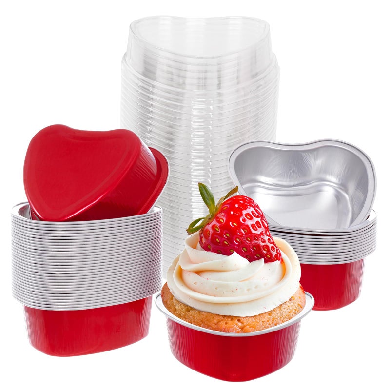Sucrain 50 Set Aluminum Foil Heart Cake Pan with Lids, 3.4oz/100ml Mini Heart Shaped Cake Pans with Lids Disposable Valentine's Day Heart Shaped Cupcake for Valentine's Day Parties Wedding (50, Red) - Image 1