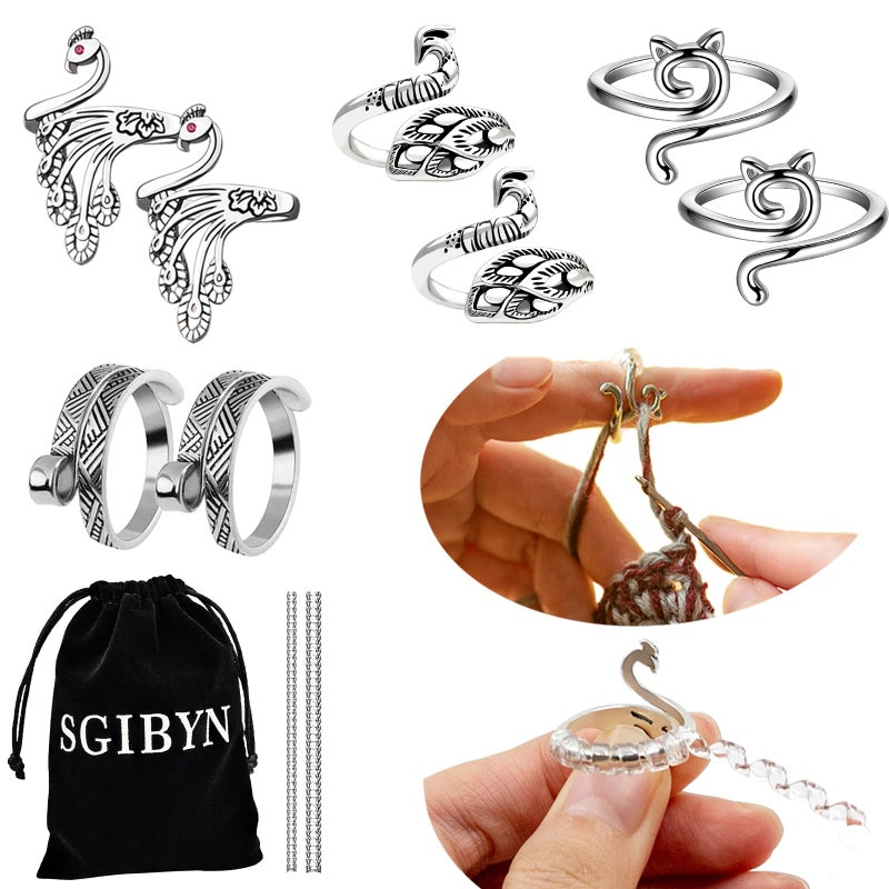 SGIBYN 8 Pack Adjustable Crochet Yarn Tension Ring for Crocheting Crochet Ring for Finger Peacock Cat Crochet Knitting Rings for Tension