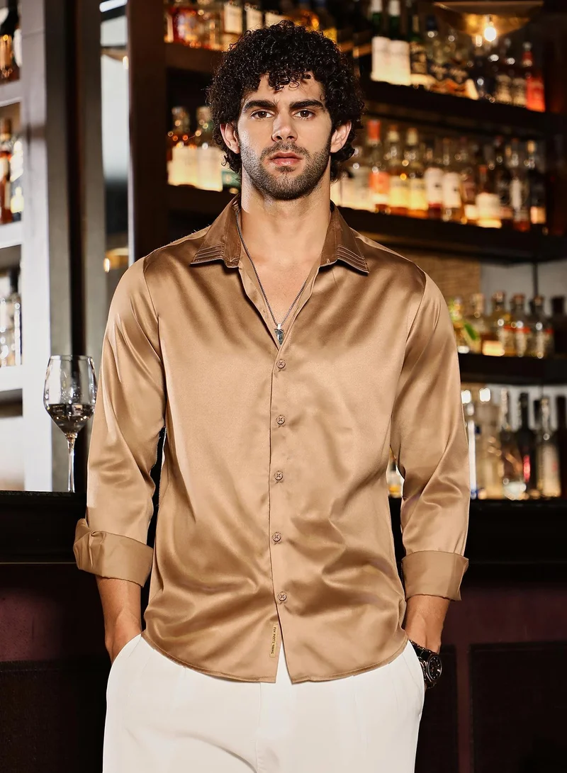 Campus Sutra Men's Sand Beige Solid Satin Shirt For Casual Wear | Spread Collar | Long Cuffed Sleeves | Button Closure | Shirt Crafted With Comfort Fit For Everyday Wear