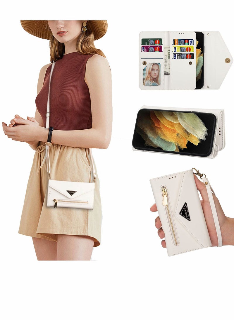 Y&D Lanyard Phone Case for Samsung Galaxy S21, with 6 Card Clips Detachable Zipper Wallet Case, Leather Sleeve Wrist Strap Flip (White) - Image 1