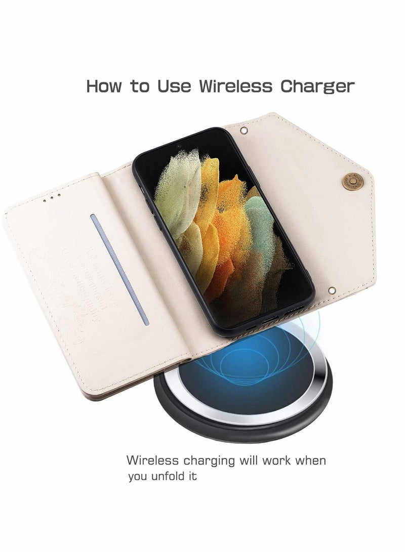 Y&D Lanyard Phone Case for Samsung Galaxy S21, with 6 Card Clips Detachable Zipper Wallet Case, Leather Sleeve Wrist Strap Flip (White) - Image 5