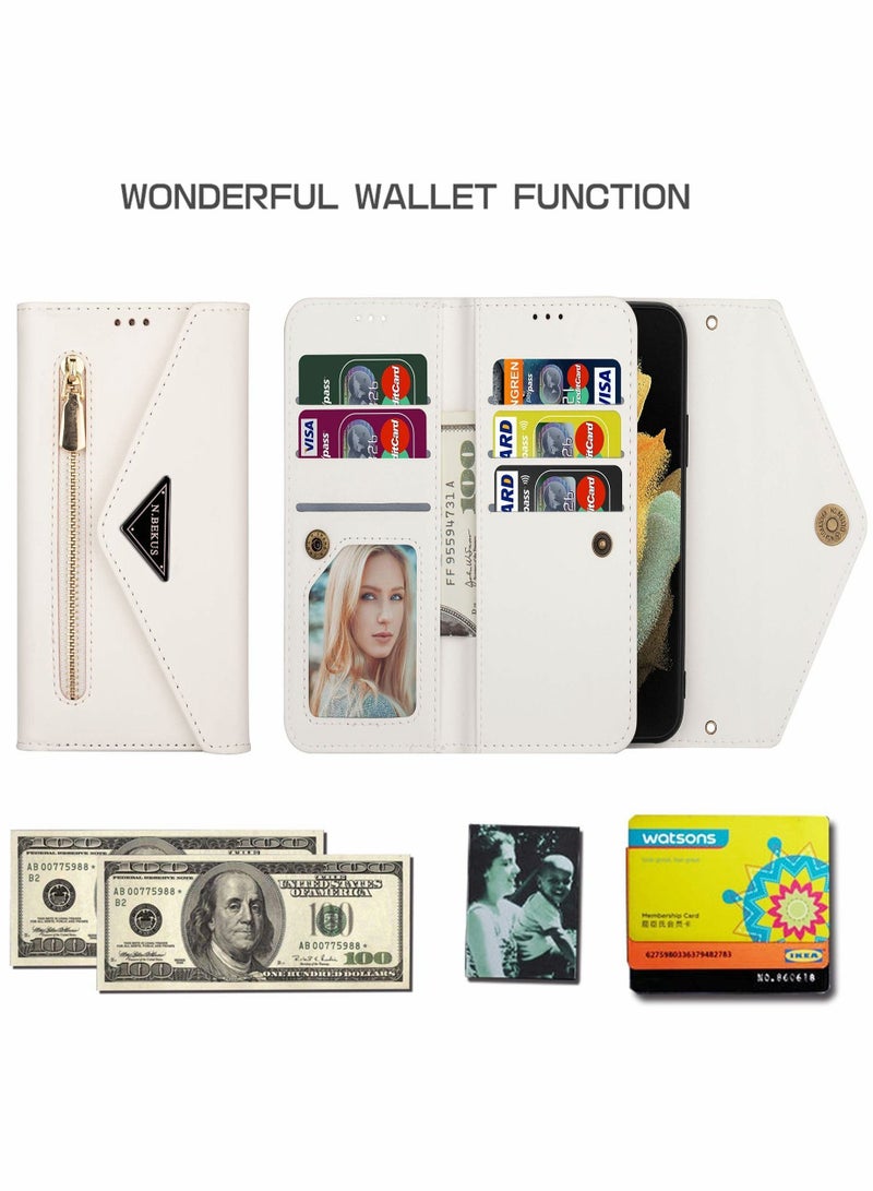 Y&D Lanyard Phone Case for Samsung Galaxy S21, with 6 Card Clips Detachable Zipper Wallet Case, Leather Sleeve Wrist Strap Flip (White) - Image 2