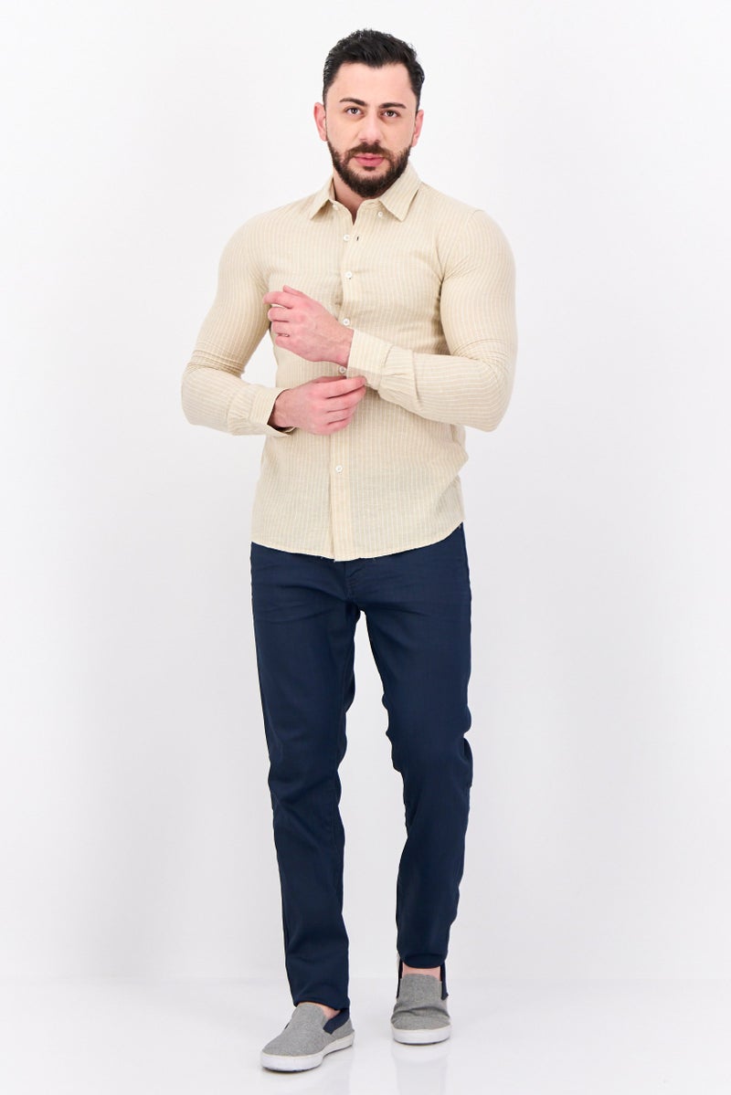 Peter Werth Men Regular Fit Stripe Print Long Sleeves Casual Shirt, Beige - Image 4