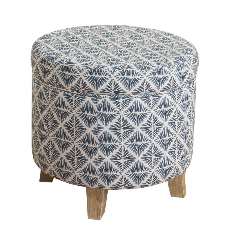 Homepop Home Decor | Upholstered Round Storage Ottoman | Ottoman with Storage for Living Room & Bedroom with Flared Legs, Navy Blue Geometric Pattern Large - Image 1