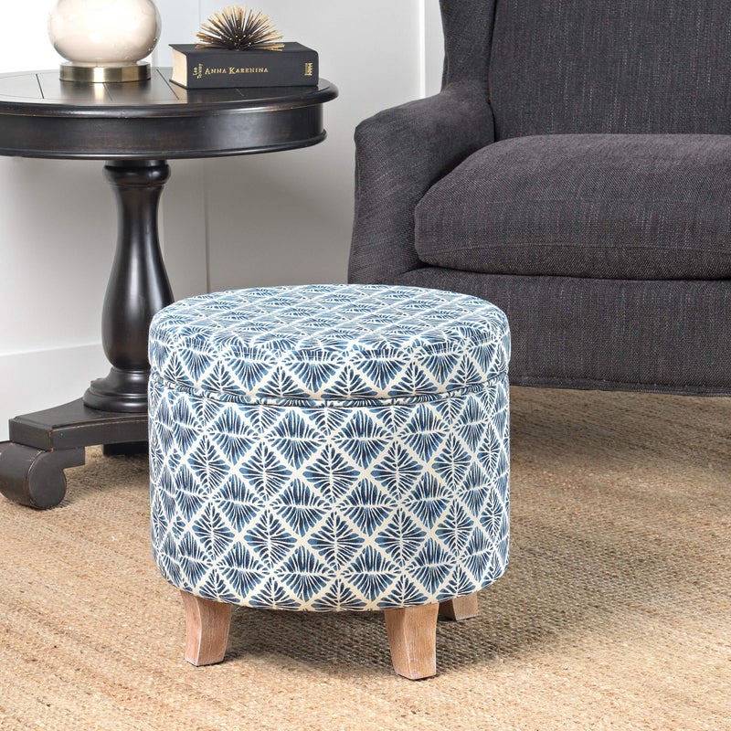 Homepop Home Decor | Upholstered Round Storage Ottoman | Ottoman with Storage for Living Room & Bedroom with Flared Legs, Navy Blue Geometric Pattern Large - Image 3