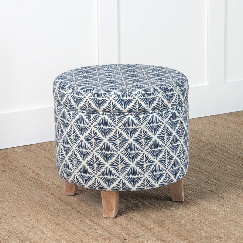 Homepop Home Decor | Upholstered Round Storage Ottoman | Ottoman with Storage for Living Room & Bedroom with Flared Legs, Navy Blue Geometric Pattern Large - Image 2