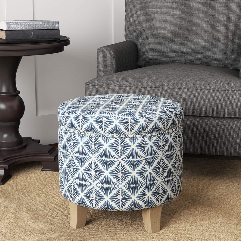 Homepop Home Decor | Upholstered Round Storage Ottoman | Ottoman with Storage for Living Room & Bedroom with Flared Legs, Navy Blue Geometric Pattern Large - Image 5
