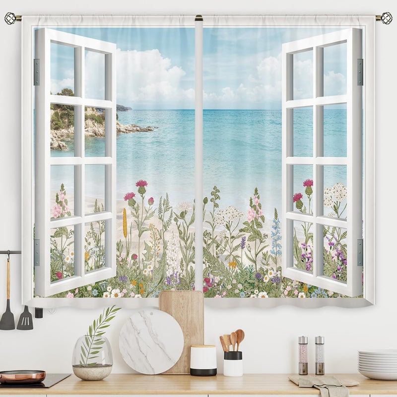 Riyidecor Ocean Beach Coastal Kitchen Curtains - Image 1