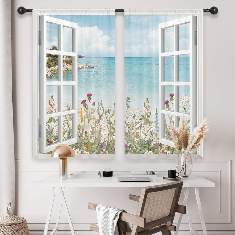 Riyidecor Ocean Beach Coastal Kitchen Curtains - Image 3