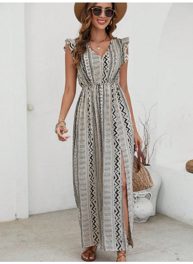 Generic 2024 New Amazon European V-Neck Striped Bohemian Style Long Dress Petal Sleeves Comfortable Casual Dress Figure III  - Image 1