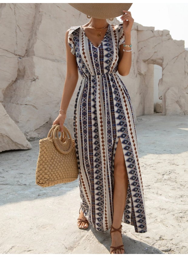 Generic 2024 New Amazon European V-Neck Striped Bohemian Style Long Dress Petal Sleeves Comfortable Casual Dress Figure III  - Image 3