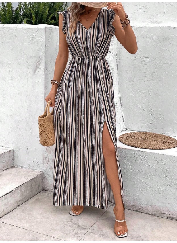 Generic 2024 New Amazon European V-Neck Striped Bohemian Style Long Dress Petal Sleeves Comfortable Casual Dress Figure III  - Image 2