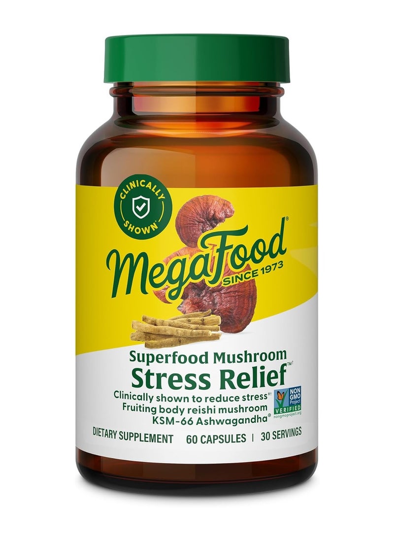 MegaFood - MegaFood Superfood Mushroom Stress Relief -Clinically shown to reduce stress - Fruiting body reishi mushroom KSM-66 Ashwagandha - Dietary Supplement 60/capsules/30 serving - Image 1