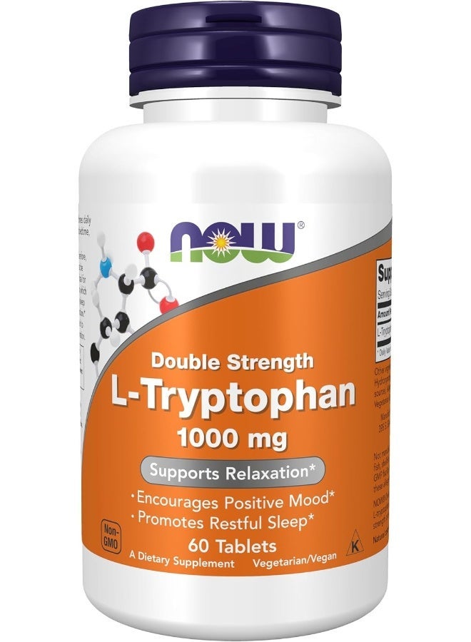 NOW® L-Tryptophan 1000mg - Double Strength Amino Acid for Stress Relief, Positive Mood & Restful Sleep, 60 Vegetarian Tablets - Image 1