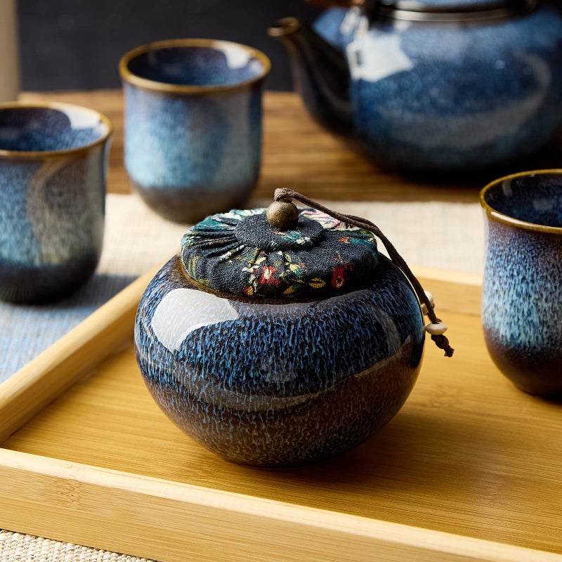 DUJUST Japanese Tea Canister, Kiln Altered Glaze Ceramic Tea Container with a Sealing Lid, Storage Jar for Loose Tea, Unique Tea Gift for Adults/Tea Lovers/Women/Men, Blue - Image 2