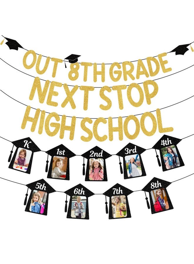 Oudain Peace out 8th Grade Next Stop High School Banner Graduation Decorations Class of 2025 Party Supplies K-8th Grade Graduation Photo Banner (Gold Glitter) - Image 1