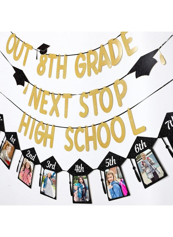 Oudain Peace out 8th Grade Next Stop High School Banner Graduation Decorations Class of 2025 Party Supplies K-8th Grade Graduation Photo Banner (Gold Glitter) - Image 4