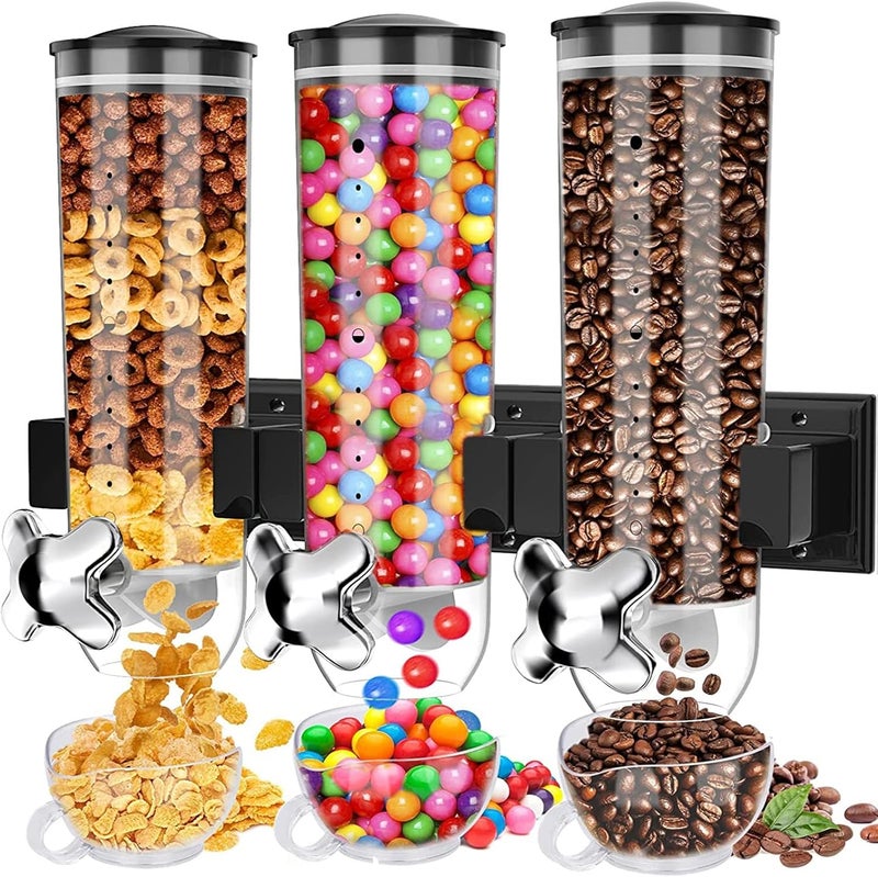 Cyeelves Cereal Dispenser Wall Mounted, Triple Canister Dry Food Dispenser, Wall Mounted Candy Dispensers, Kitchen Grain Container with 3 Cup & Holder for Store Grains Oatmeal Coffee Bean Nut Snack, Black 4.5L - Image 1