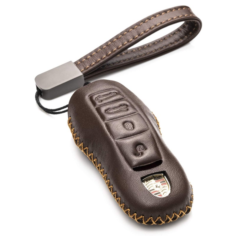 Vitodeco Genuine Leather Smart Key Fob Case with Leather Key Strap 4Button Brown Compatible with Porsche 718 911 Panamera Cayenne