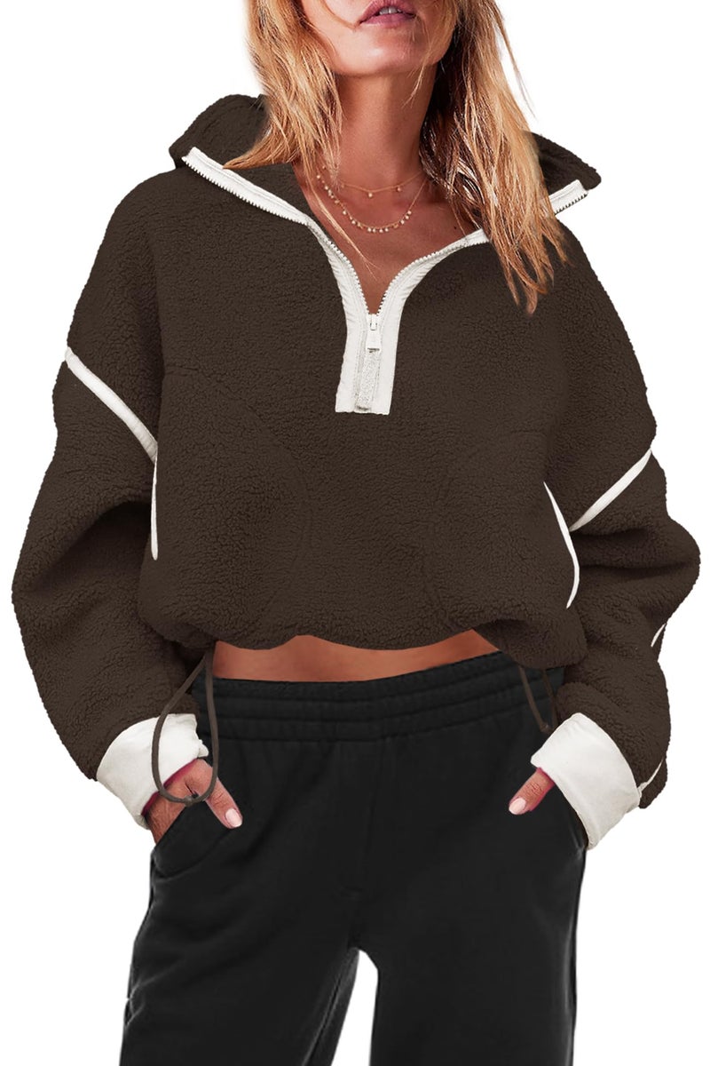 Panadila Womens Half Zip Sherpa Fleece Pullover Soft Oversized Sweatshirt with Pockets Warm Fuzzy Sweater (Brown,XS) - Image 2