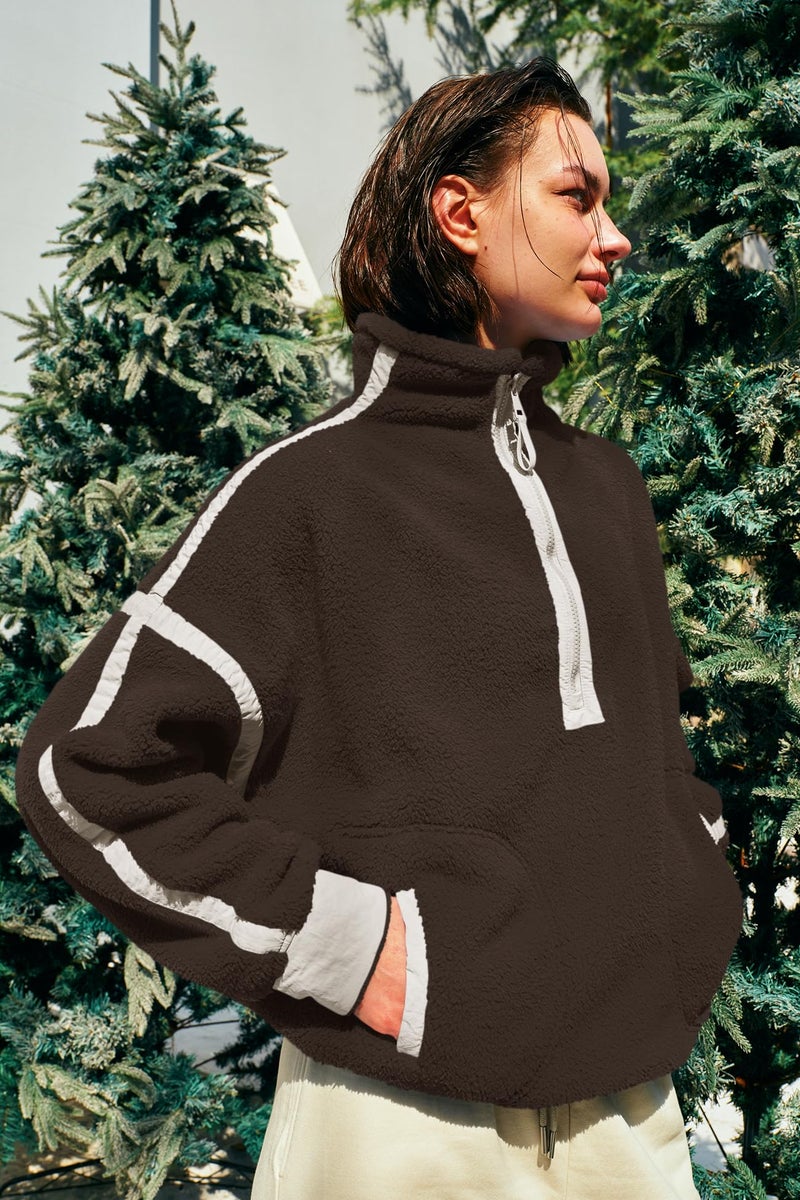 Panadila Womens Half Zip Sherpa Fleece Pullover Soft Oversized Sweatshirt with Pockets Warm Fuzzy Sweater (Brown,XS) - Image 3