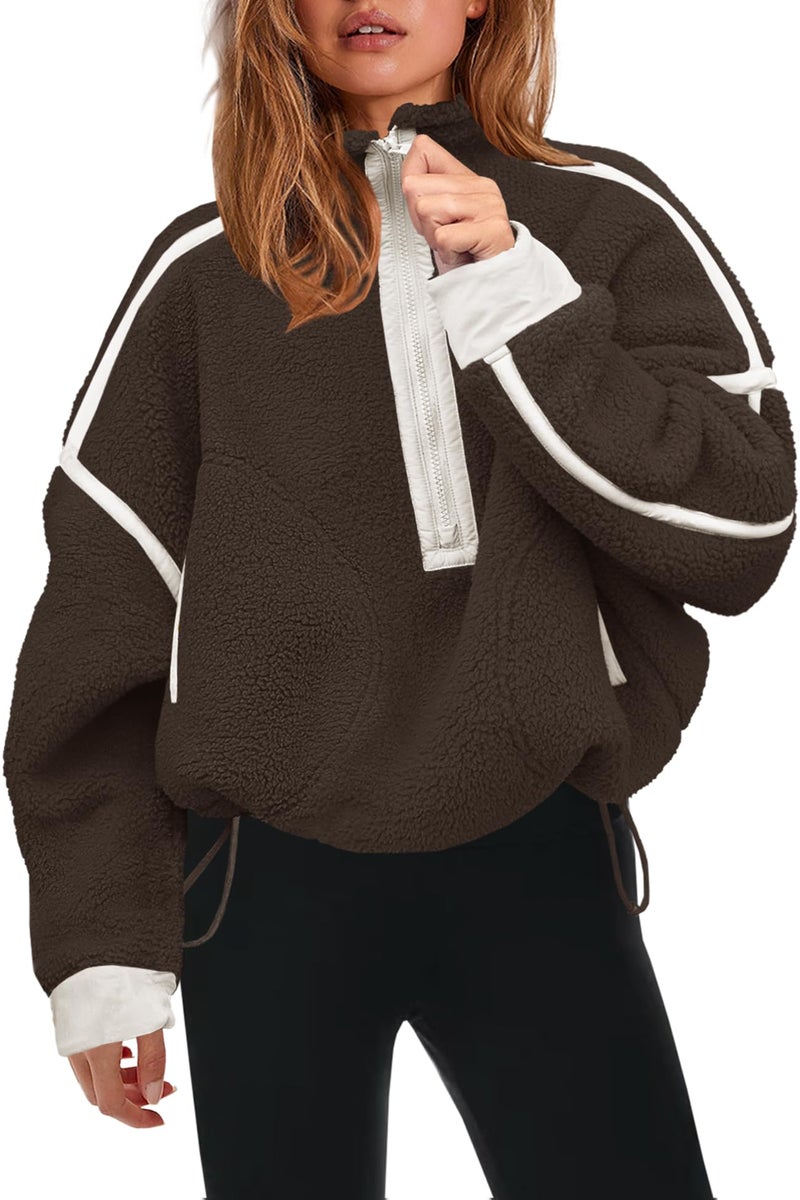 Panadila Womens Half Zip Sherpa Fleece Pullover Soft Oversized Sweatshirt with Pockets Warm Fuzzy Sweater (Brown,XS) - Image 1