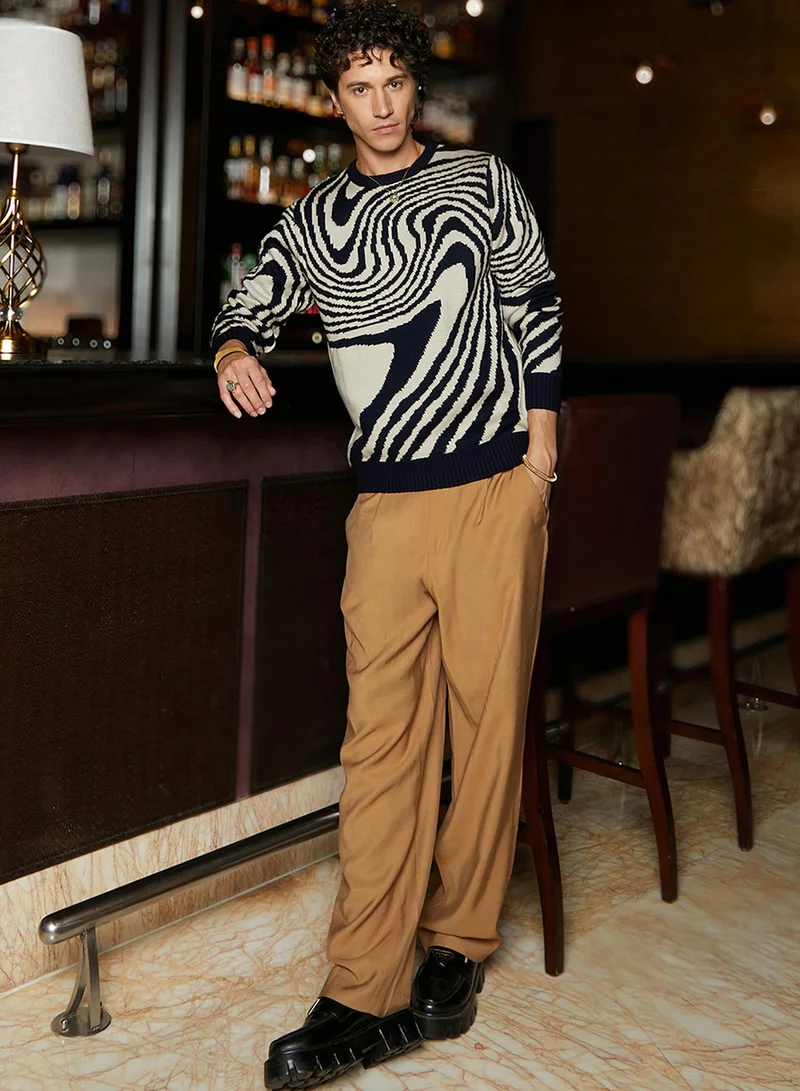 Campus Sutra Men's Onyx Black Fluid-Jacquard Knit Pullover Sweater