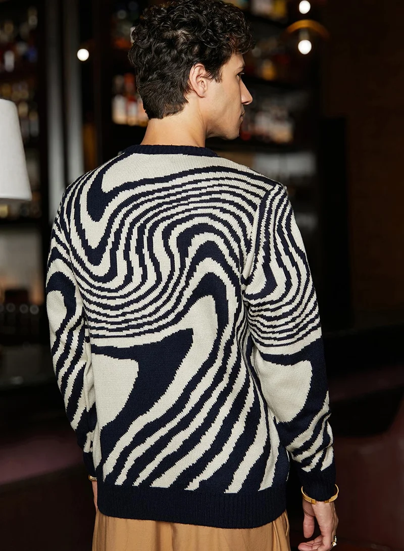 Campus Sutra Men's Onyx Black Fluid-Jacquard Knit Pullover Sweater