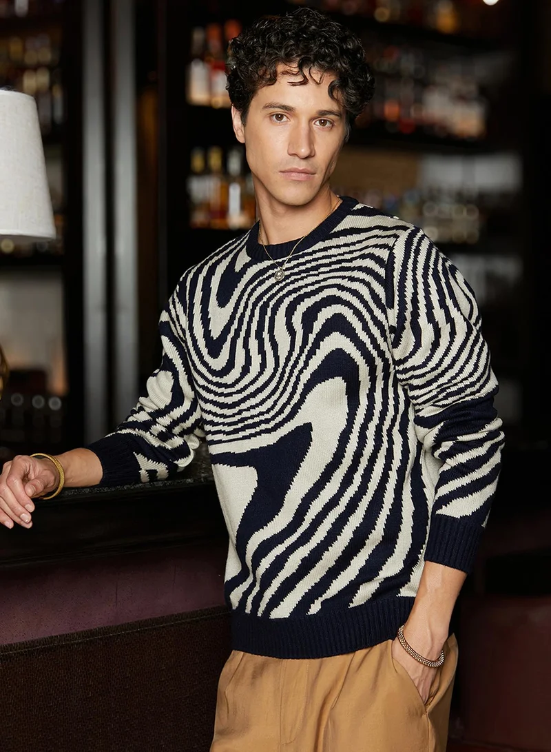 Campus Sutra Men's Onyx Black Fluid-Jacquard Knit Pullover Sweater