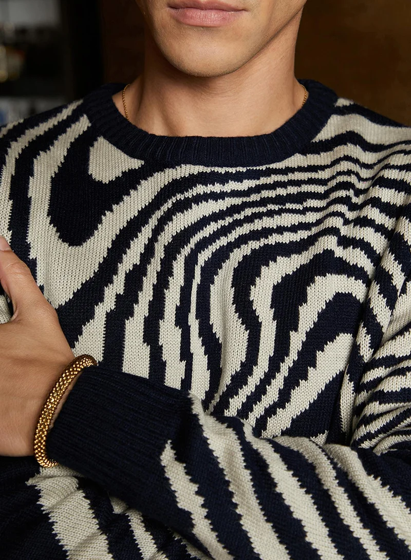 Campus Sutra Men's Onyx Black Fluid-Jacquard Knit Pullover Sweater