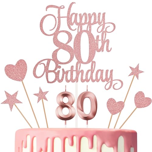 Lecferrarc 80th Birthday Cake Decorations 80th Birthday Candles Cake Numeral Candles and Glitter Happy 80th Birthday Cake Toppers Set for Birthday Party Supplies Rose Gold - Image 1