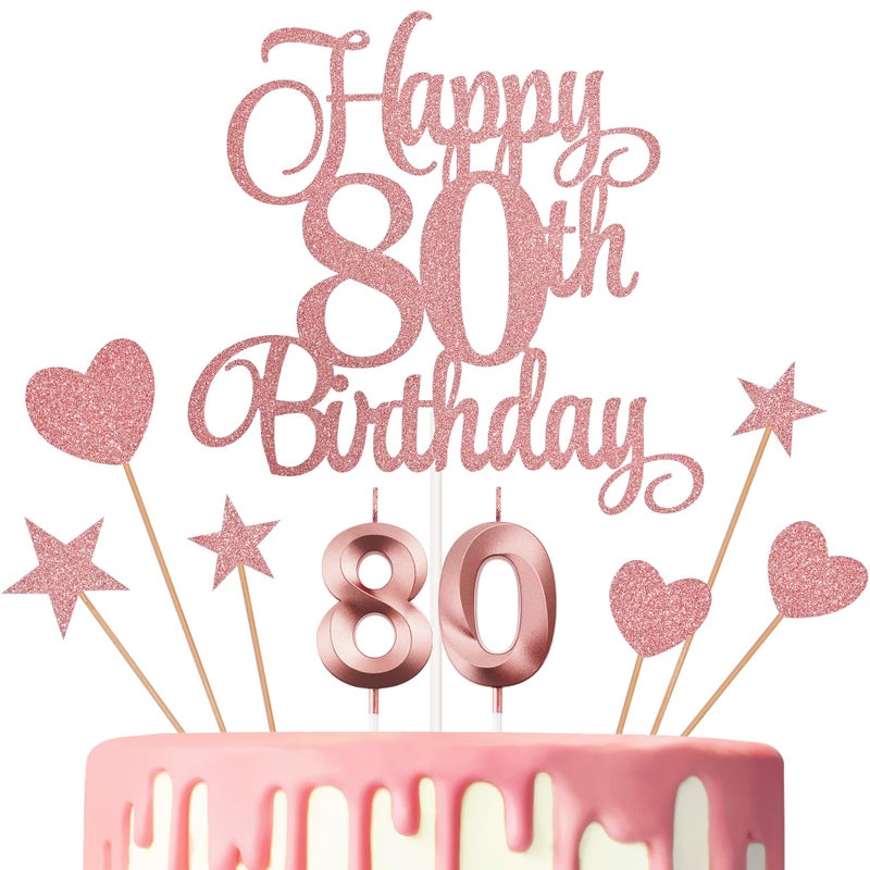Lecferrarc 80th Birthday Cake Decorations 80th Birthday Candles Cake Numeral Candles and Glitter Happy 80th Birthday Cake Toppers Set for Birthday Party Supplies Rose Gold - Image 2