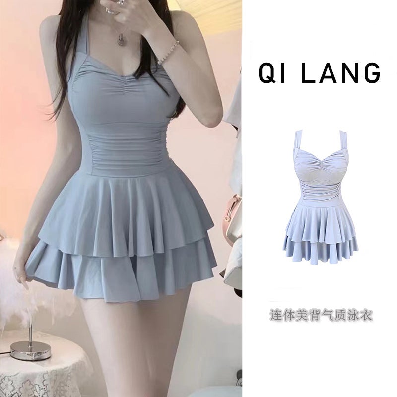 New Style Small Fresh Ballet Style Puffy Sling One-Piece Skirt Swimsuit Backless Sleeveless Casual Solid Color Seaside Vacation - Image 2