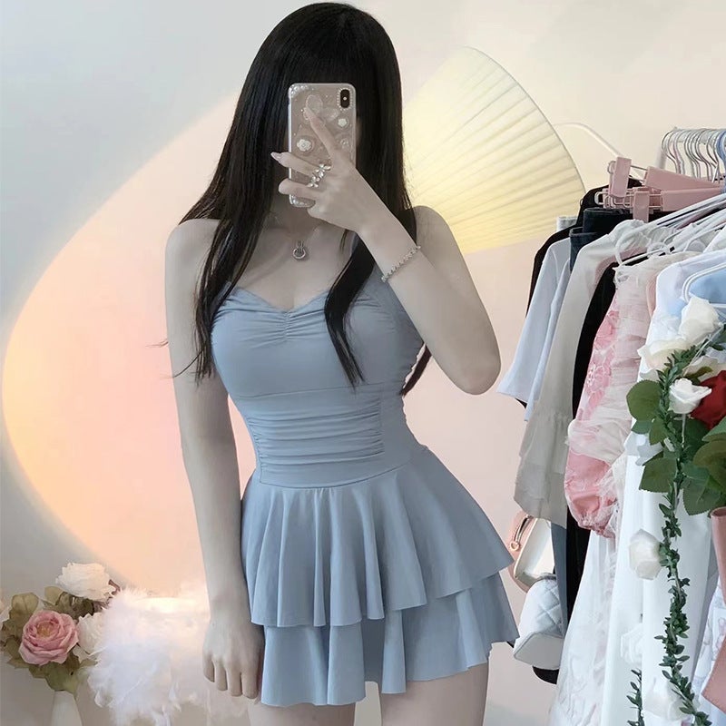 New Style Small Fresh Ballet Style Puffy Sling One-Piece Skirt Swimsuit Backless Sleeveless Casual Solid Color Seaside Vacation - Image 1