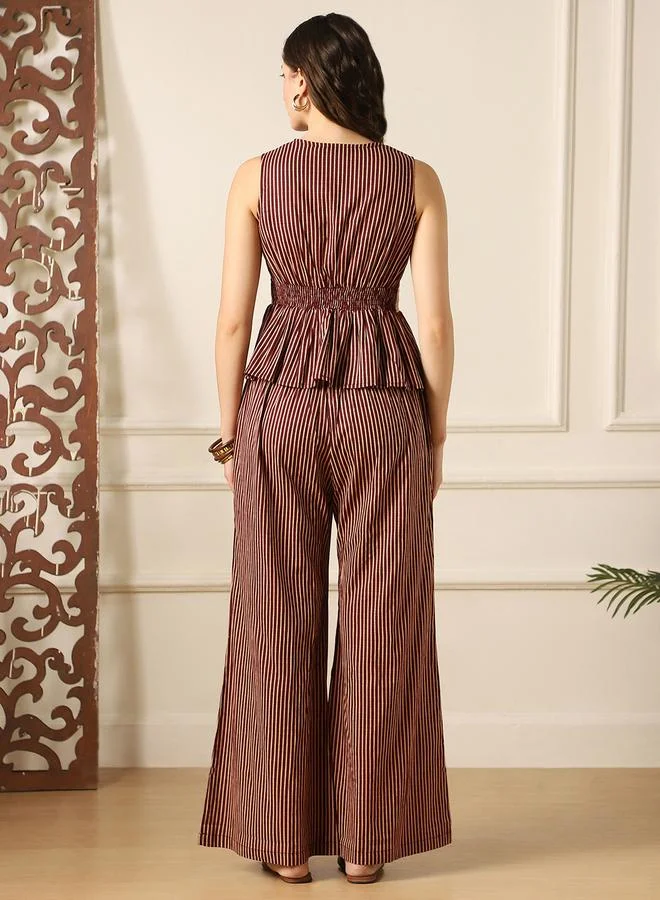 globus Striped Embroidered Peplum Top and Bell Bottom Pants Fusion Co-Ords