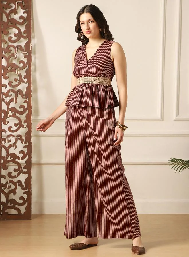 globus Striped Embroidered Peplum Top and Bell Bottom Pants Fusion Co-Ords