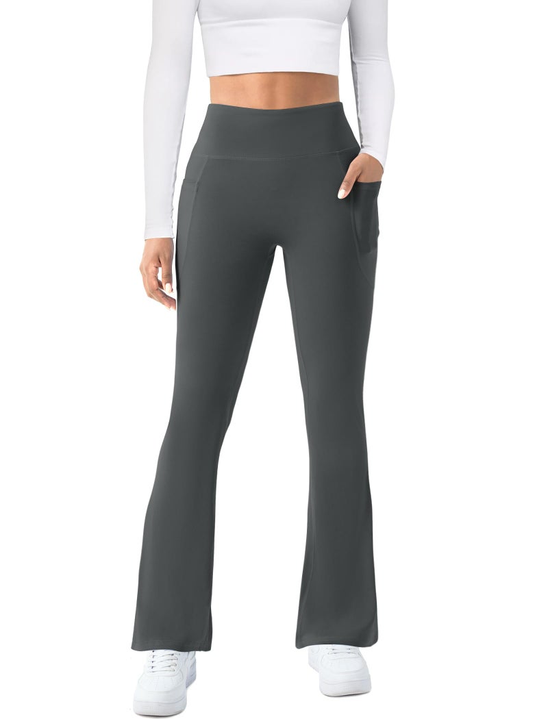 COPYLEAF Womens Yoga Pants with Pockets High Waisted Flare Leggings Bell Bottom Yoga Dress Pants Seamless Bootcut Pants(Dark Grey M) - Image 2