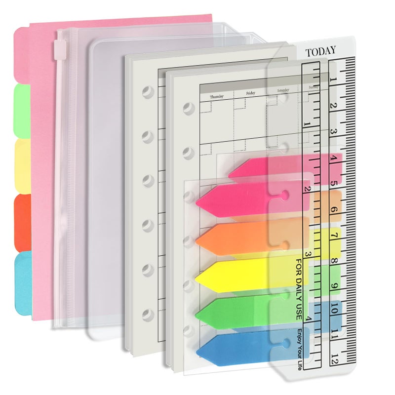 Harphia A7 6 Holes Binder Refill Value Set, 90sheets monthly plan loose leaf paper with stickers and dividers, planner insert with binder pockets for A7 binder 6 holes refillable notebook,005dA7month - Image 1